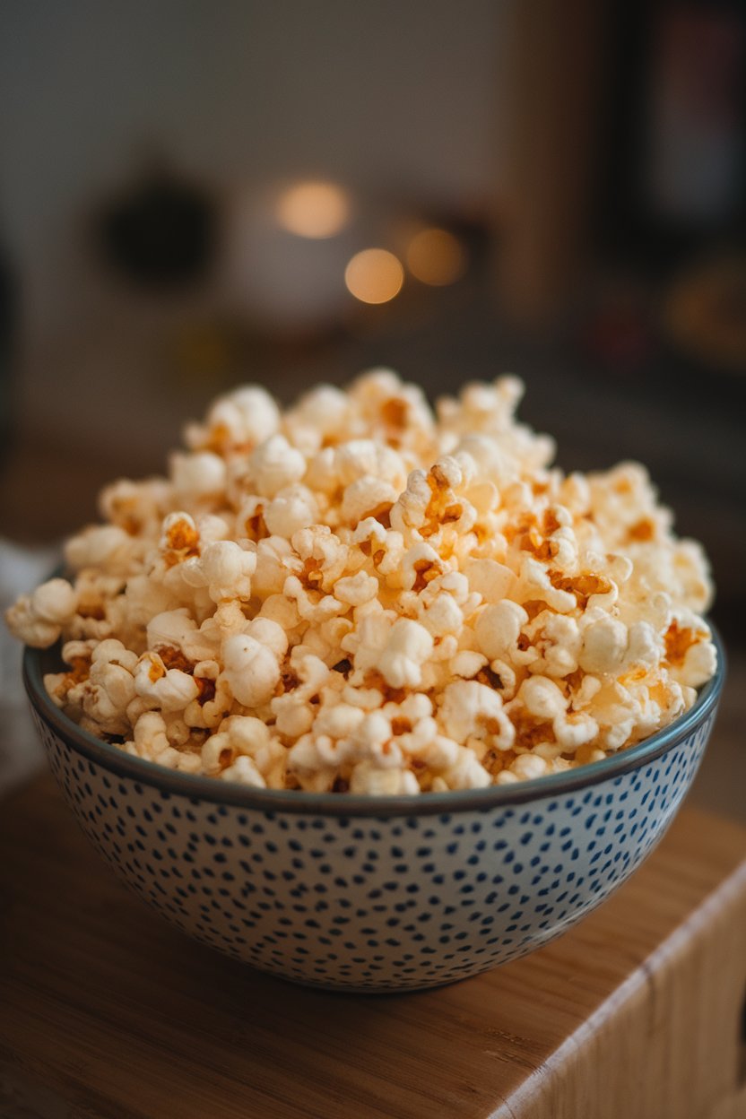 Indoor bowl brimming with white cheddar popcorn, kernels lightly dusted, soft lighting. Photo, no text or logos.