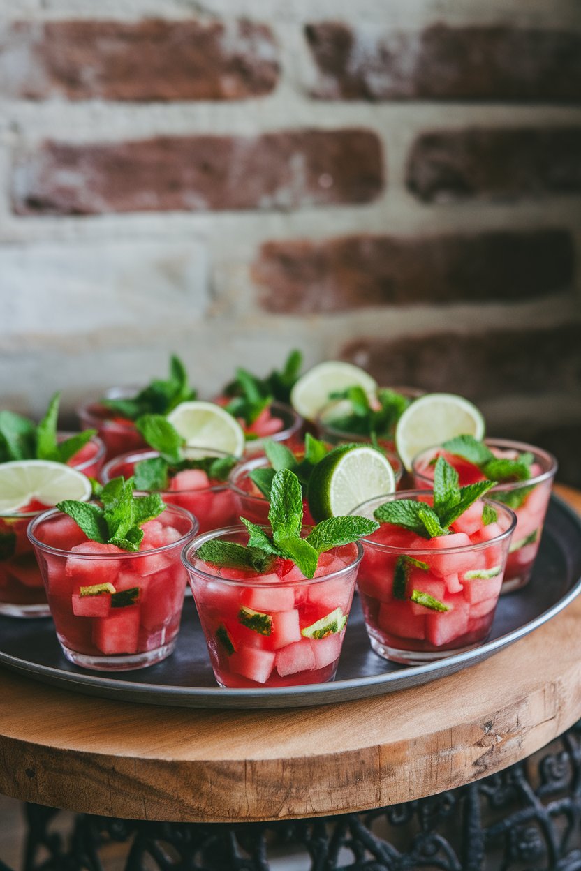 Photo prompt: Indoor tray of small clear cups with diced watermelon, fresh mint chiffonnade, and a squeeze of lime. No logos or text. Photo, not illustration.