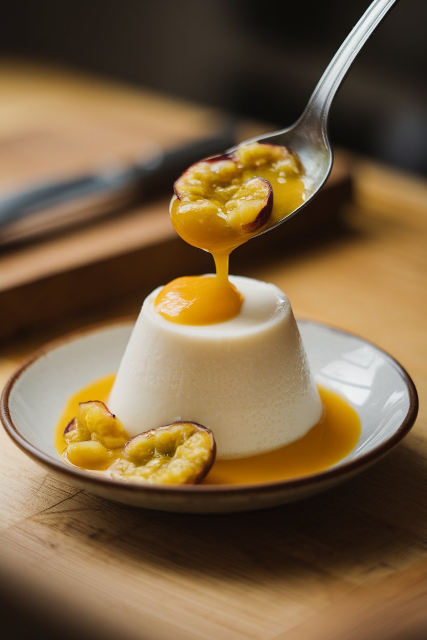 Photo of a wobbling coconut panna cotta on a small white plate, passion fruit pulp spooned over, indoor soft lighting. No text or logos.