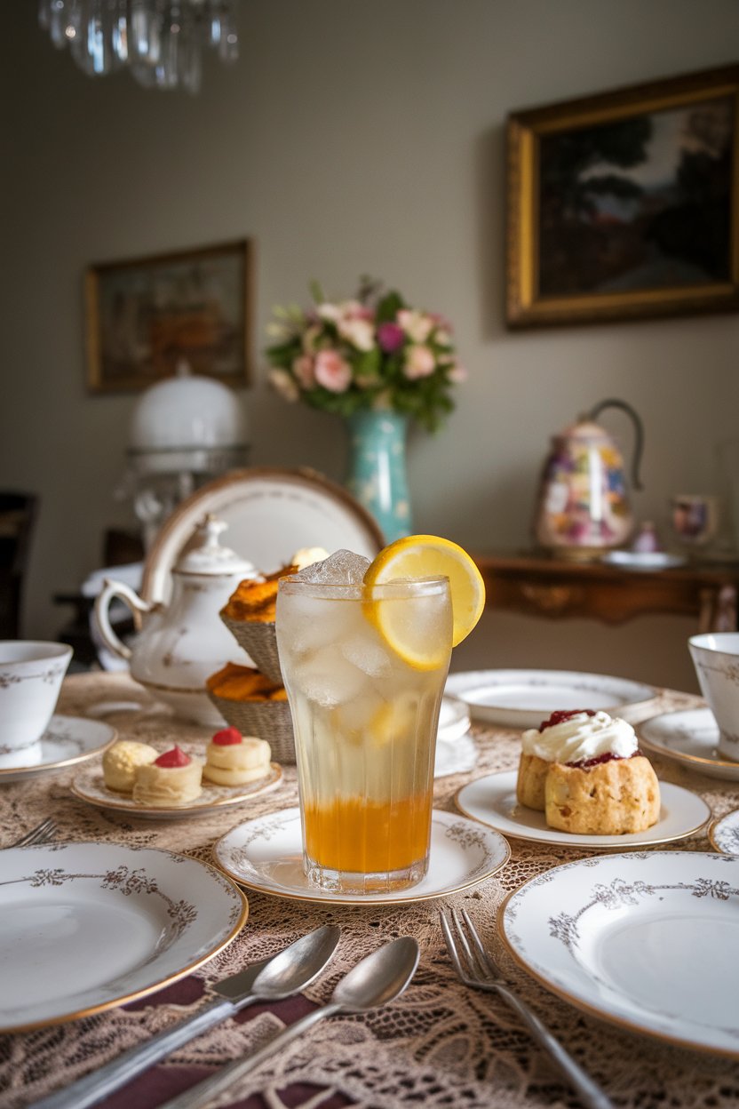 An indoor afternoon tea table showing a tall glass half pale tea, half cloudy lemonade with ice, slice of lemon. No text or logos. Photo.