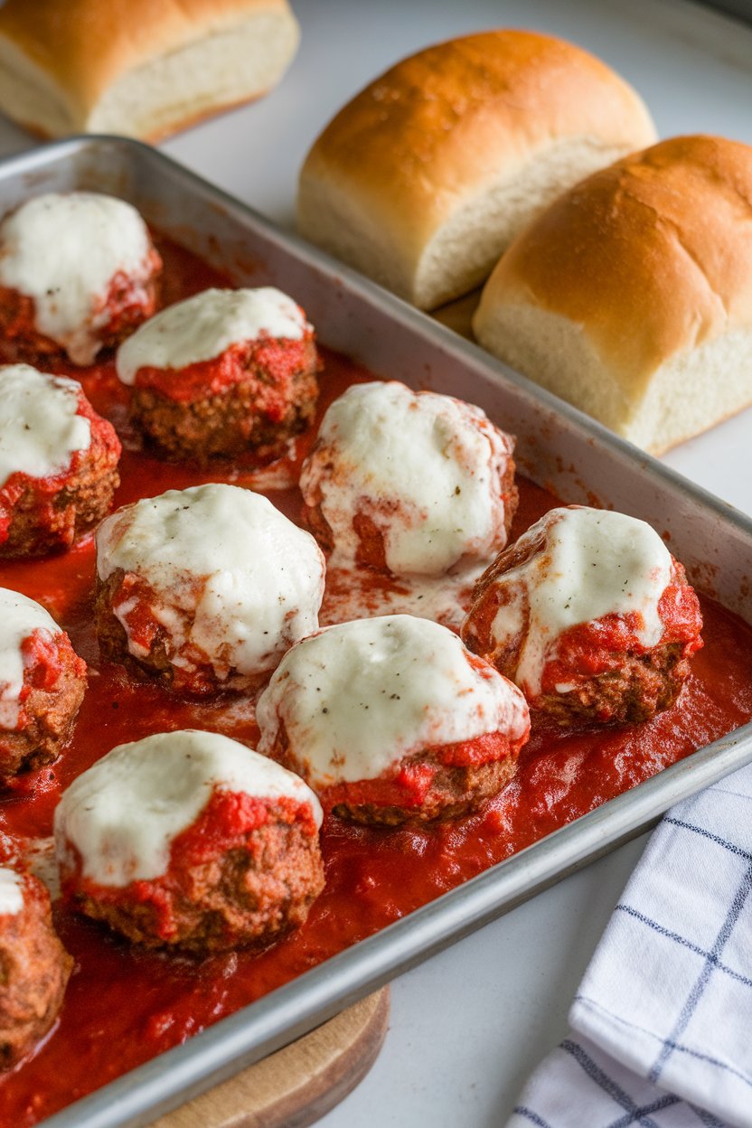 Indoor shot of saucy beef meatballs in marinara nestled on a sheet pan, mozzarella melting over the top, sub rolls set to the side. No text or logos.