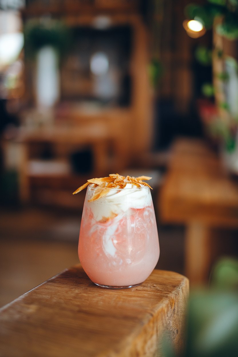 Photo of a stemless wine glass indoors containing pastel pink guava drink with a creamy swirl and toasted coconut flakes on top; no text or logos.