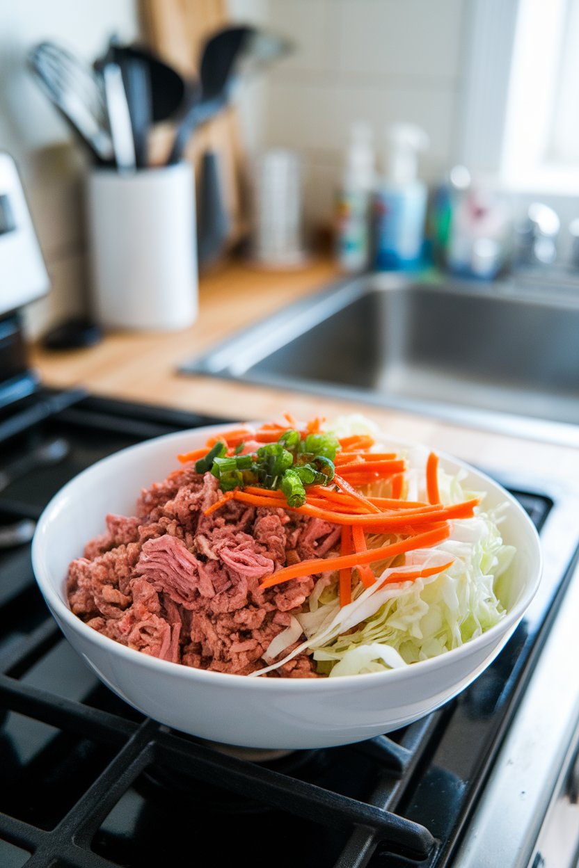 Photo of a bowl containing seasoned ground turkey, shredded cabbage, and carrot strips cooked together, garnished with green onion, indoor kitchen scene. No text or logos.