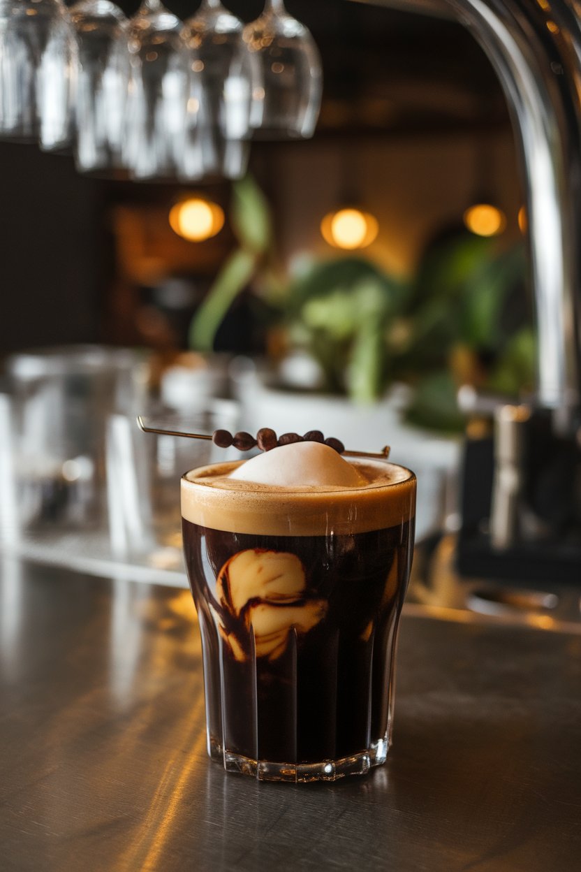 Low-lit indoor bar with a stout glass of dark chocolate-colored drink, large ice cube and espresso bean garnish, no text or logos, photo