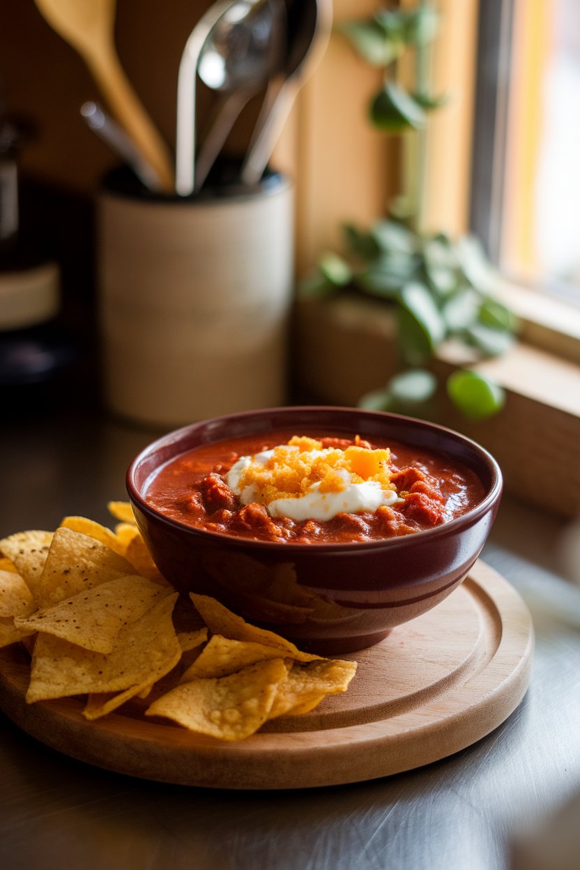 A warmly lit indoor counter showing a dark red bowl of chipotle beef chili, finished with a dollop of crema and tortilla chip crumbles. No text or logos visible.