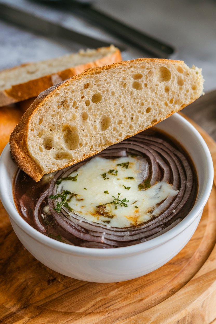 Indoor soup crock filled with dark onion broth, a slice of whole-grain baguette and melted Swiss cheese on top. No text or logos.