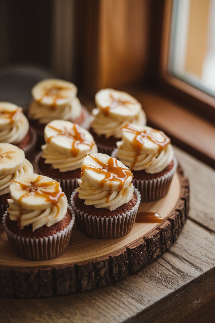 Indoor photo of cupcakes topped with caramelized banana slices and a drizzle of rum-caramel, soft window light, no text or logos