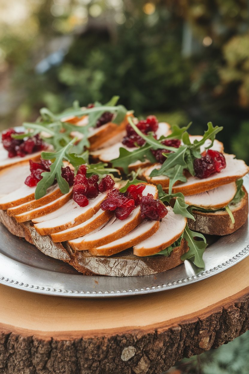 Indoor platter of cocktail rye topped with sliced turkey, cranberry relish, and arugula, no text or logos, photo only