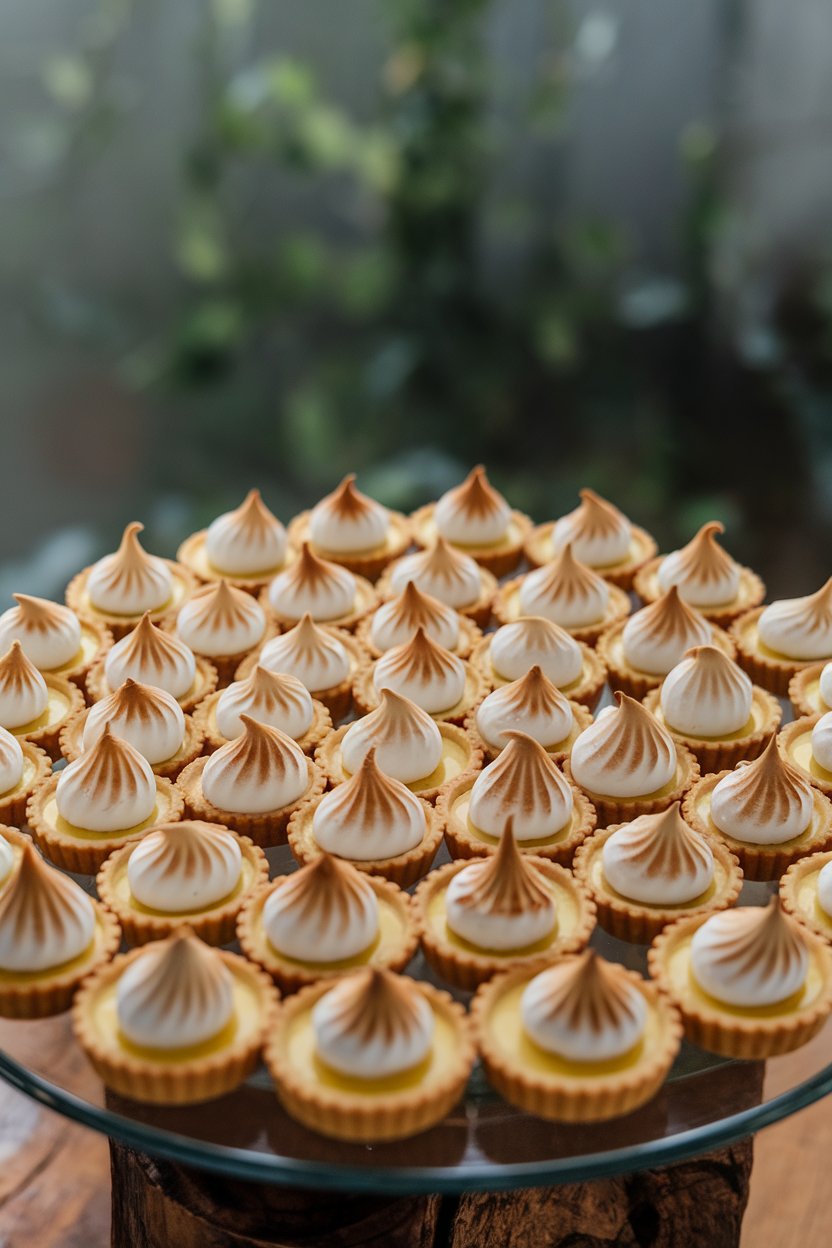 Indoor photo of mini lemon tartlets topped with toasted meringue peaks, arranged in concentric circles on a platter. No text or logos.