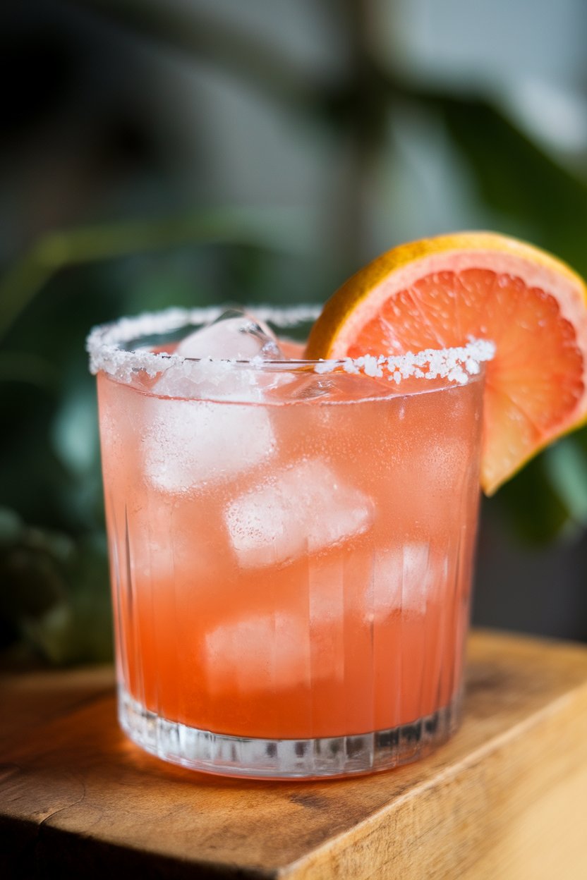 Close-up indoor photo of a salt-rimmed rocks glass brimming with pink grapefruit soda, ice, and a grapefruit wedge, no logos.