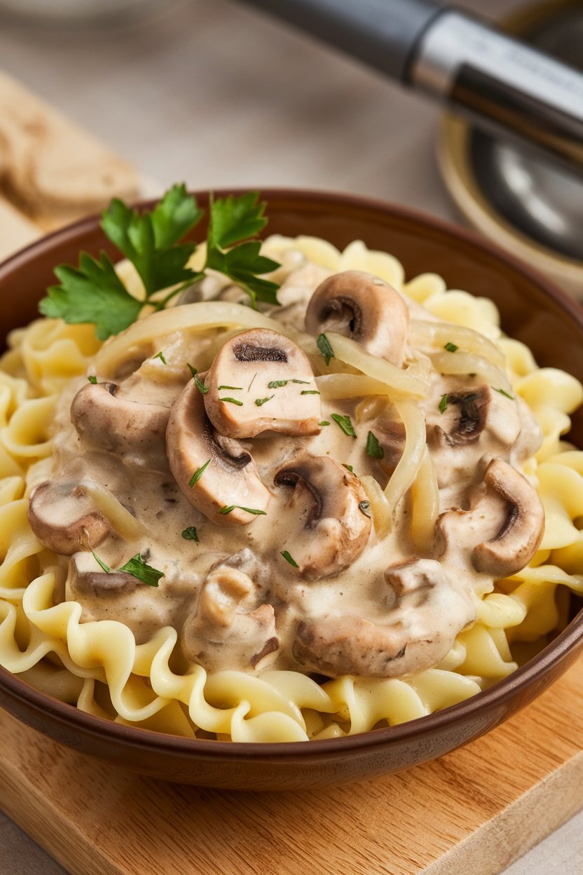 An indoor kitchen scene with a bowl of creamy mushroom stroganoff over egg noodles, garnished with parsley. No text or logos. Photo.