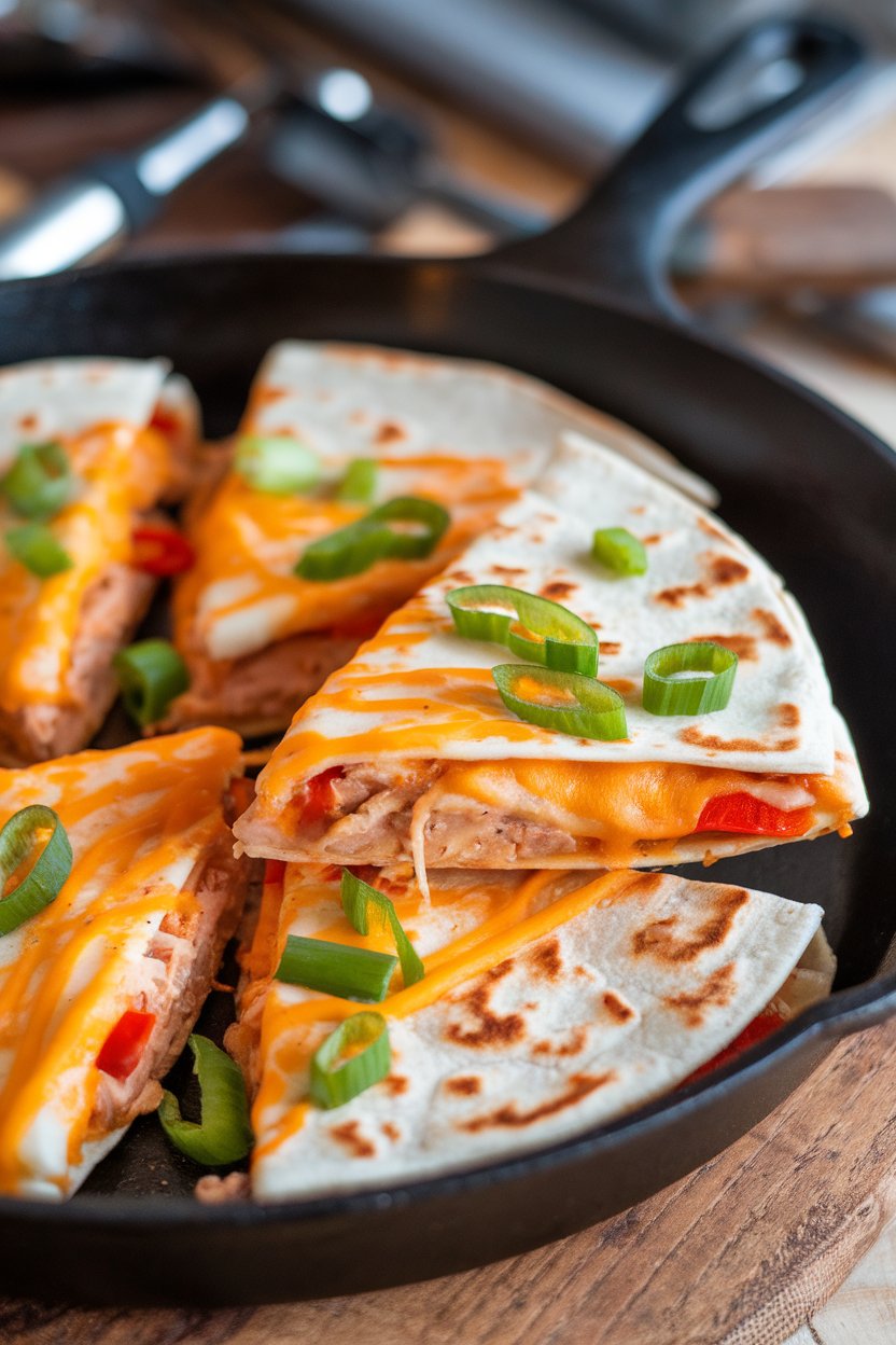 Indoor skillet with sliced chicken fajita quesadillas, cheese stretching from the cut edges, no text or logos. Photo only.