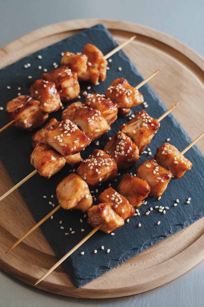 Indoor photo of glazed, grilled chicken cubes on mini skewers over a slate platter with sesame seeds sprinkled. No text or logos visible.