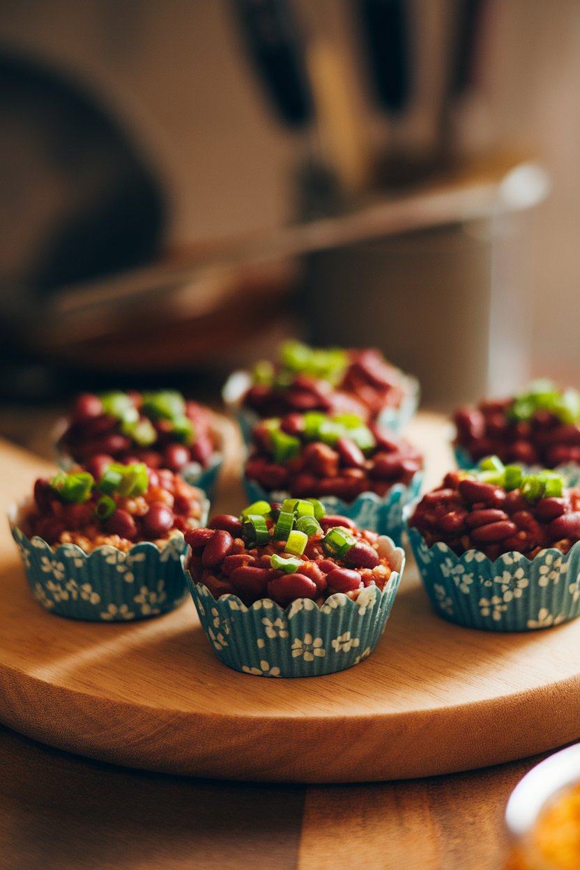 Indoor photo of mini muffin-tin rounds of baked red beans and rice topped with chopped green onion; no text or logos