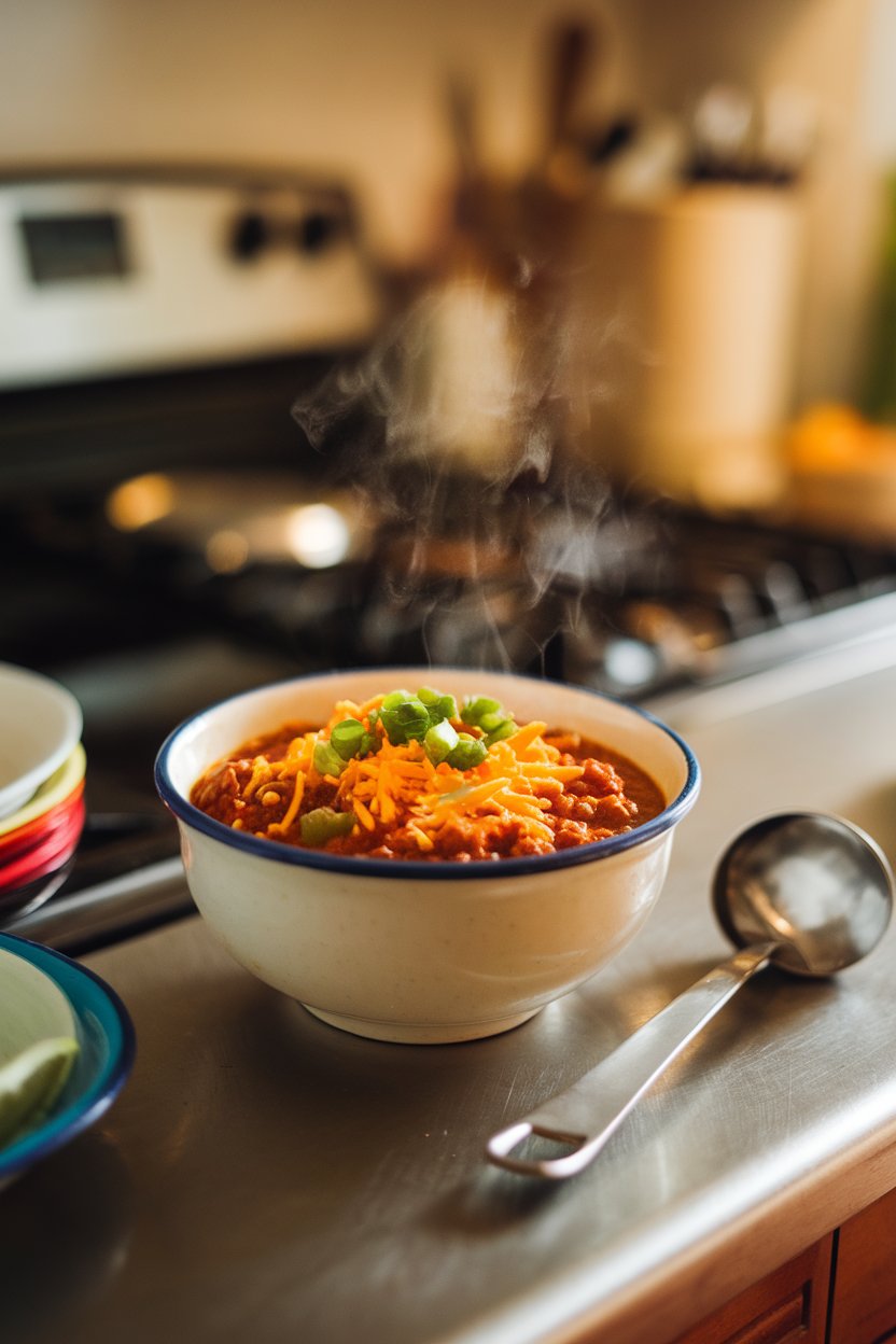 Photo of a steaming bowl of beef chili topped with shredded cheddar and chopped scallions on an indoor counter, ladle resting nearby, no text or logos