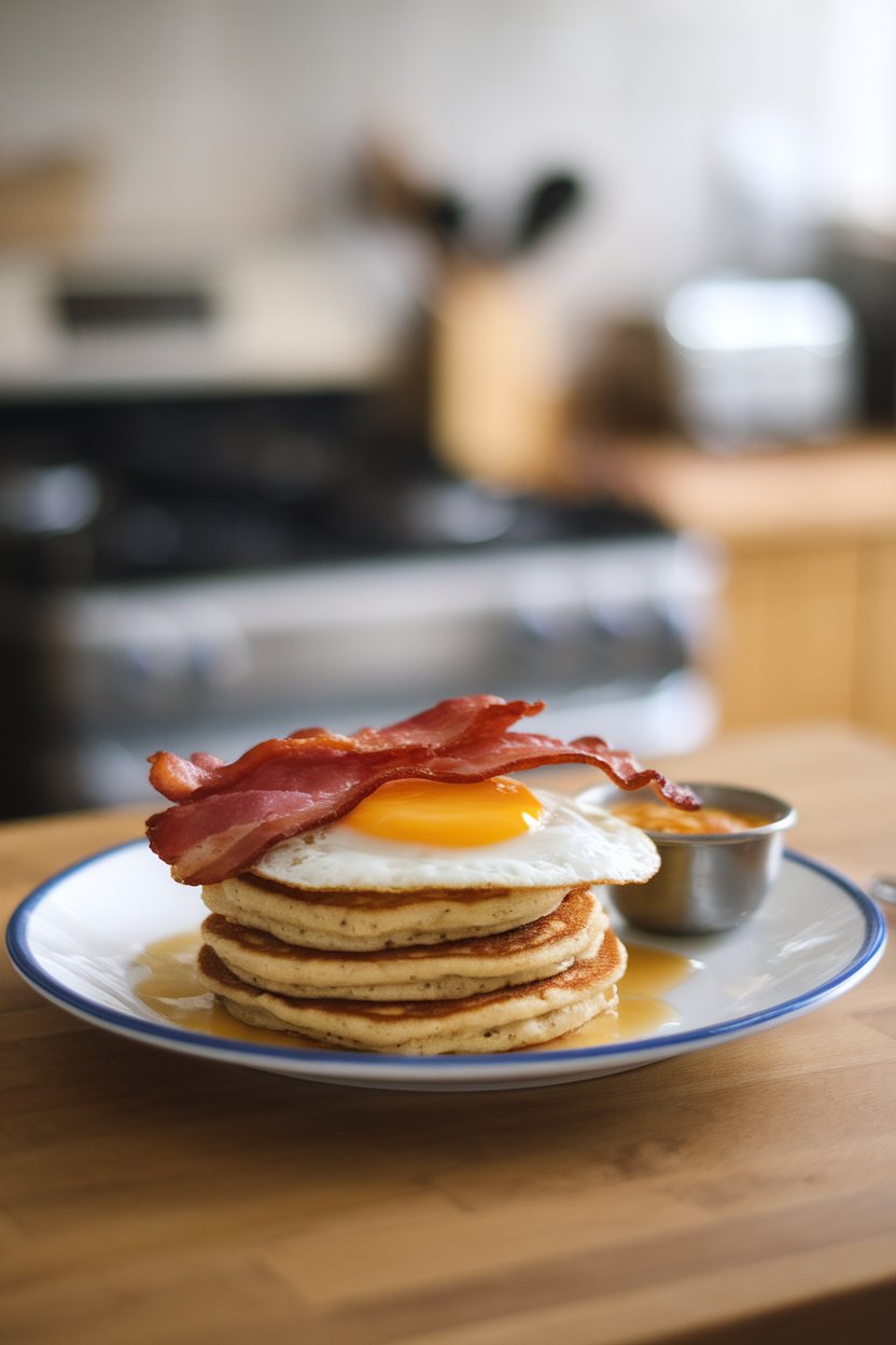 An indoor breakfast scene showing two protein pancakes sandwiching turkey bacon and a fried egg; no text or logos. Photo only.