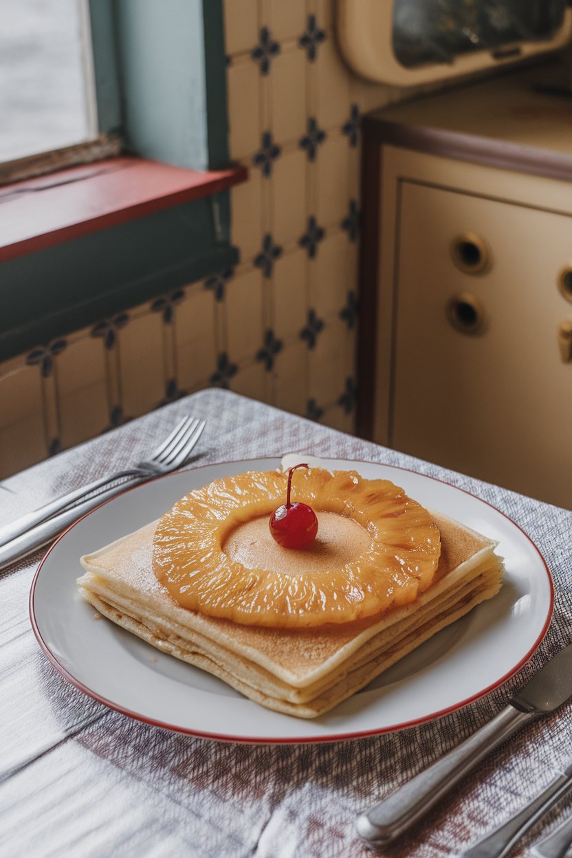Pancake square with caramelized pineapple ring and maraschino cherry center, indoor retro breakfast table, no text or logos.