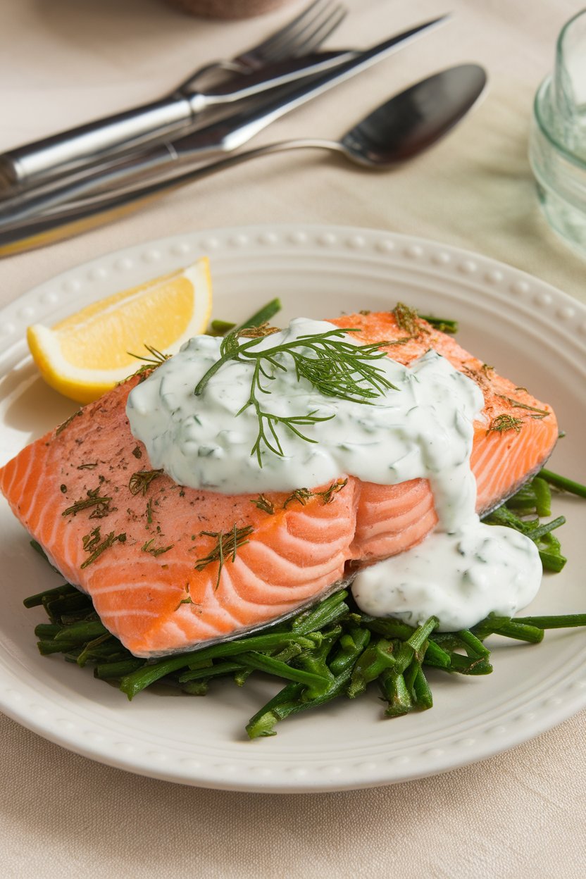 An indoor dinner table showing a baked salmon fillet topped with creamy lemon-dill yogurt sauce, a wedge of lemon on the side; no raw fish, no logos. Photo only.