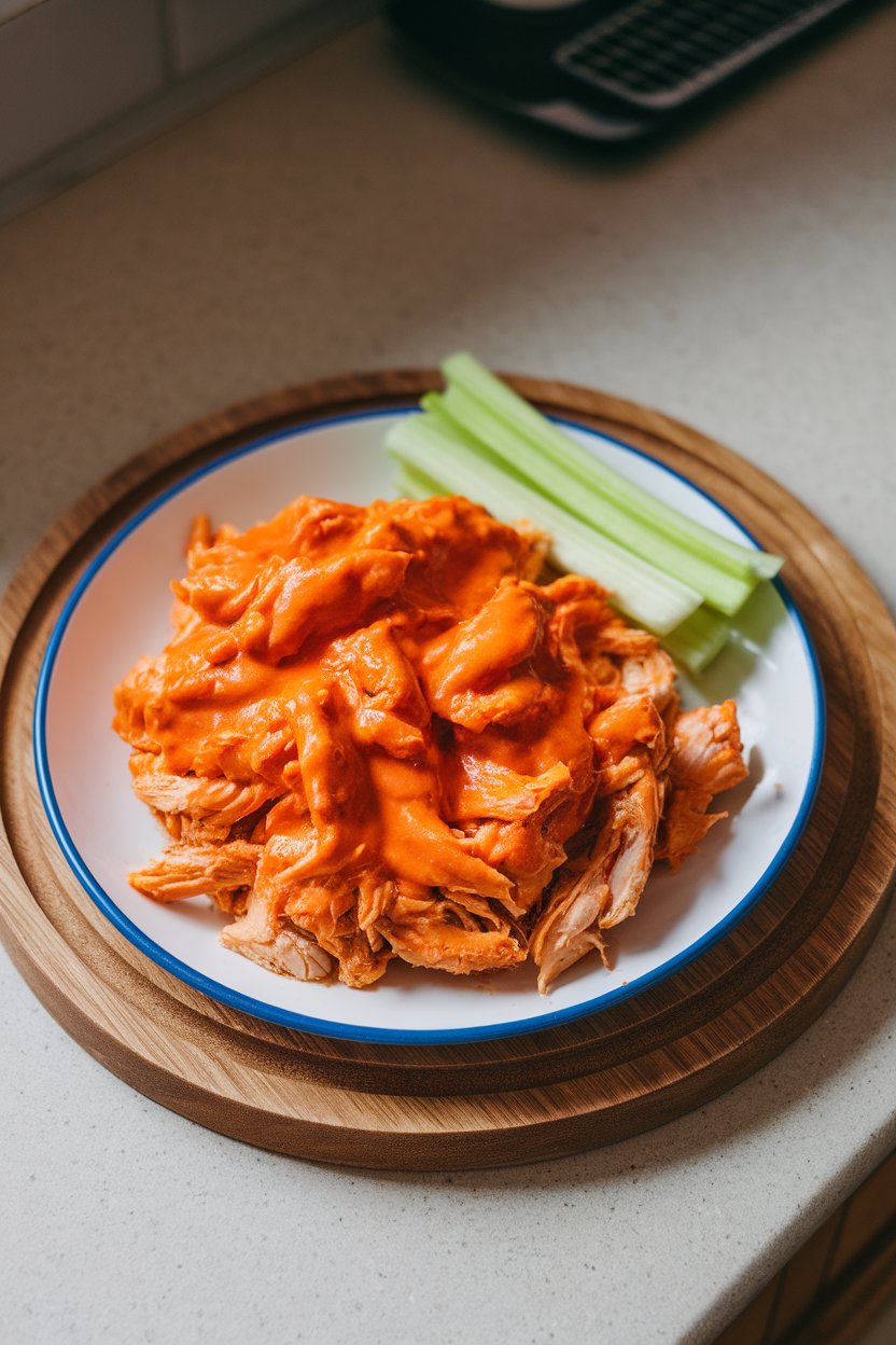 Indoor countertop showing a plate of shredded chicken coated in bright orange buffalo sauce with celery sticks on the side; no text or logos; photo only.