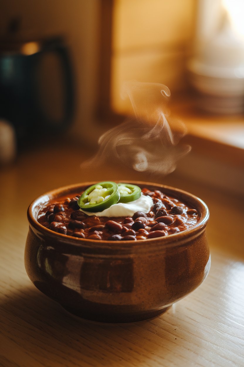 A warmly lit indoor kitchen counter featuring a ceramic bowl filled with thick black bean chili, garnished with sliced jalapeños and a dollop of sour cream; steam curls upward. No text or logos in the scene. Photo, not illustration.