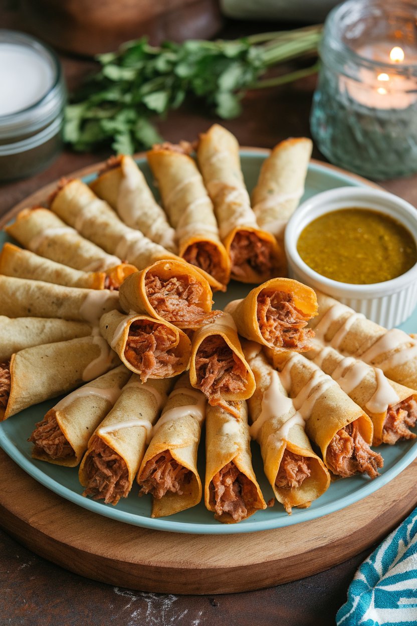 An indoor platter of crispy baked taquitos filled with pulled pork, a ramekin of salsa verde on the side. No text or logos. Photo, not illustration.