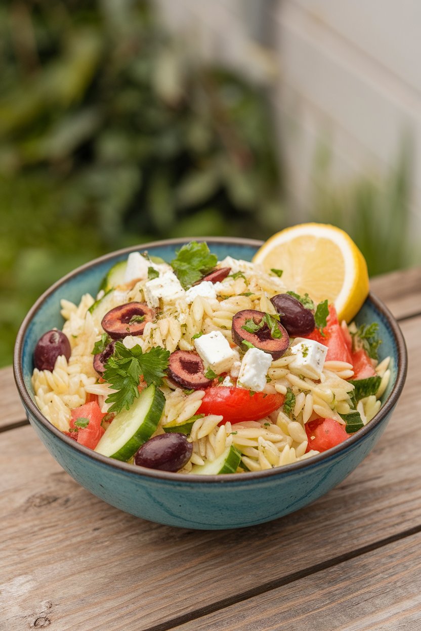 Indoor salad bowl filled with orzo pasta mixed with cucumber, tomato, olives, feta, and parsley, a lemon wedge on the rim. No text or logos.