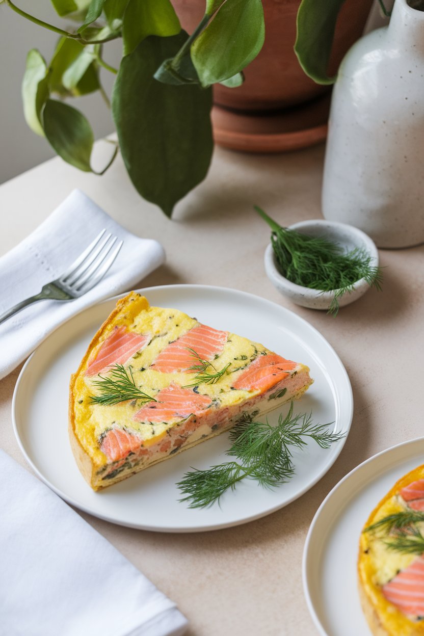 Indoor brunch table with triangular frittata slices dotted with pink salmon and fresh dill, no text or logos.