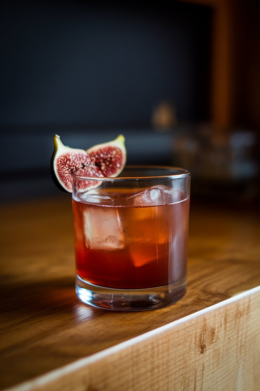 Photo of a rocks glass indoors with rich mahogany cocktail, thin fig slice perched on rim, gentle spotlighting, no text or logos