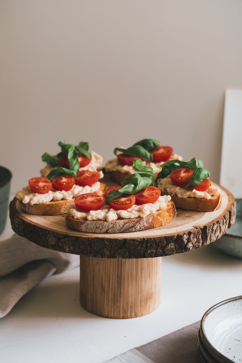An indoor serving board with toasted baguette slices topped with mashed white beans, cherry tomato halves, and basil ribbons. No text or logos. Photo, not illustration.