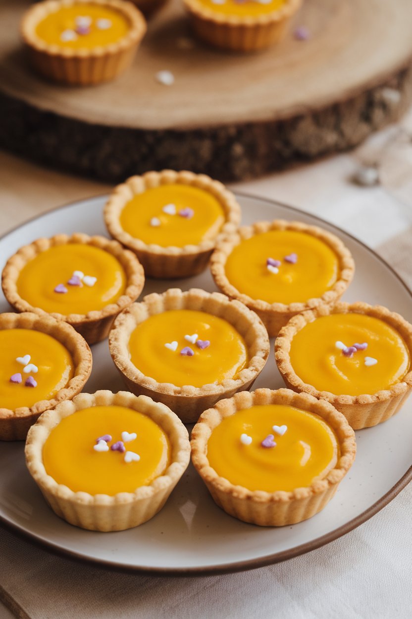 Mini tart shells filled with vibrant yellow passionfruit curd on an indoor plate, tiny heart sprinkles added. Photo, no text or logos.
