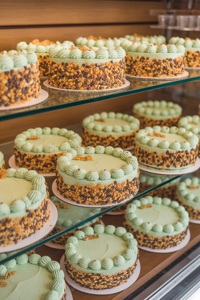 An indoor bakery case with sandwich cakes filled with pale green mint frosting and mini chips, no text or logos. Photo only.