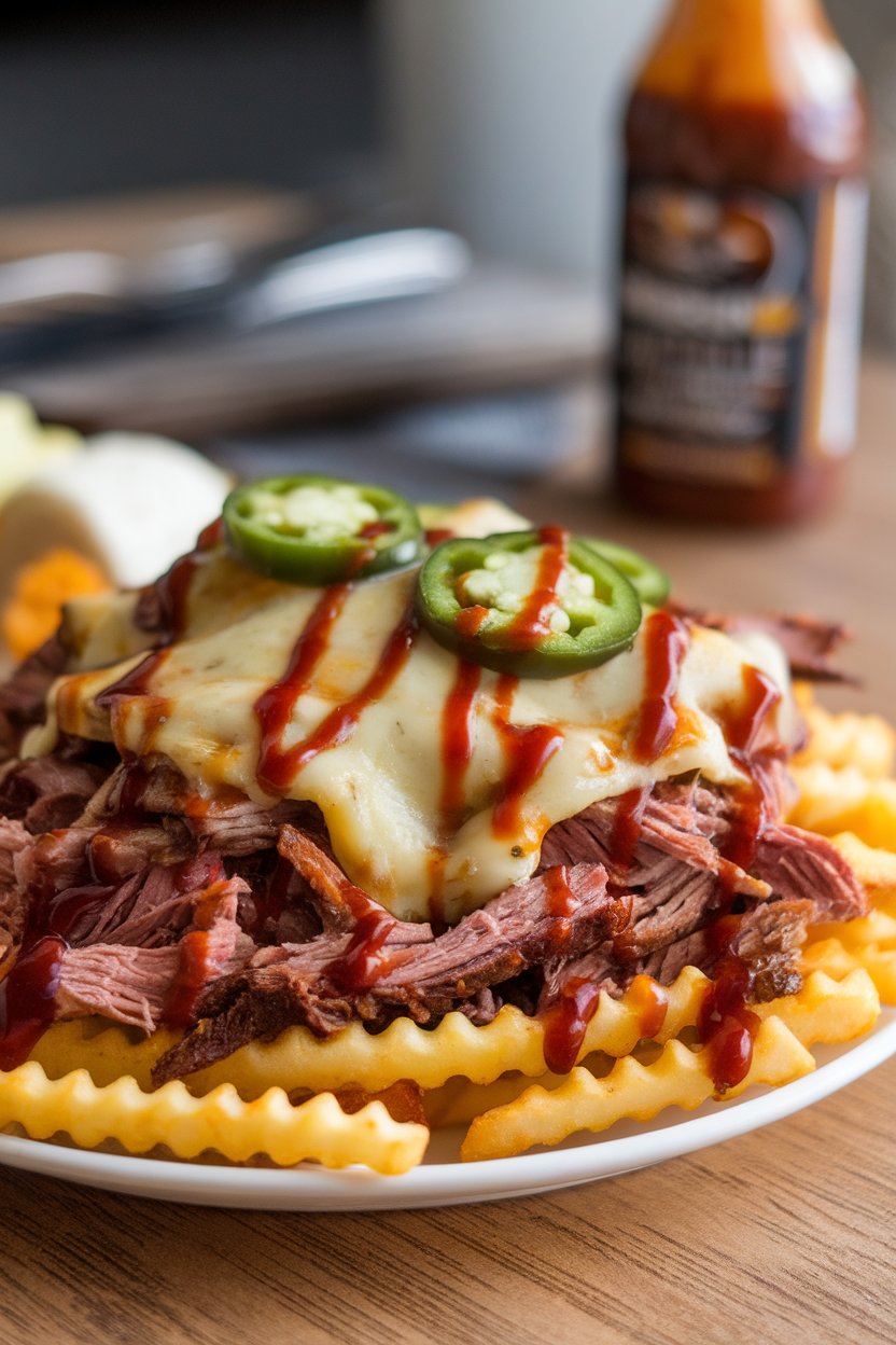 Indoor photo of crinkle-cut fries piled with shredded brisket, melted cheese, jalapeños, and barbecue drizzle; no text or logos.