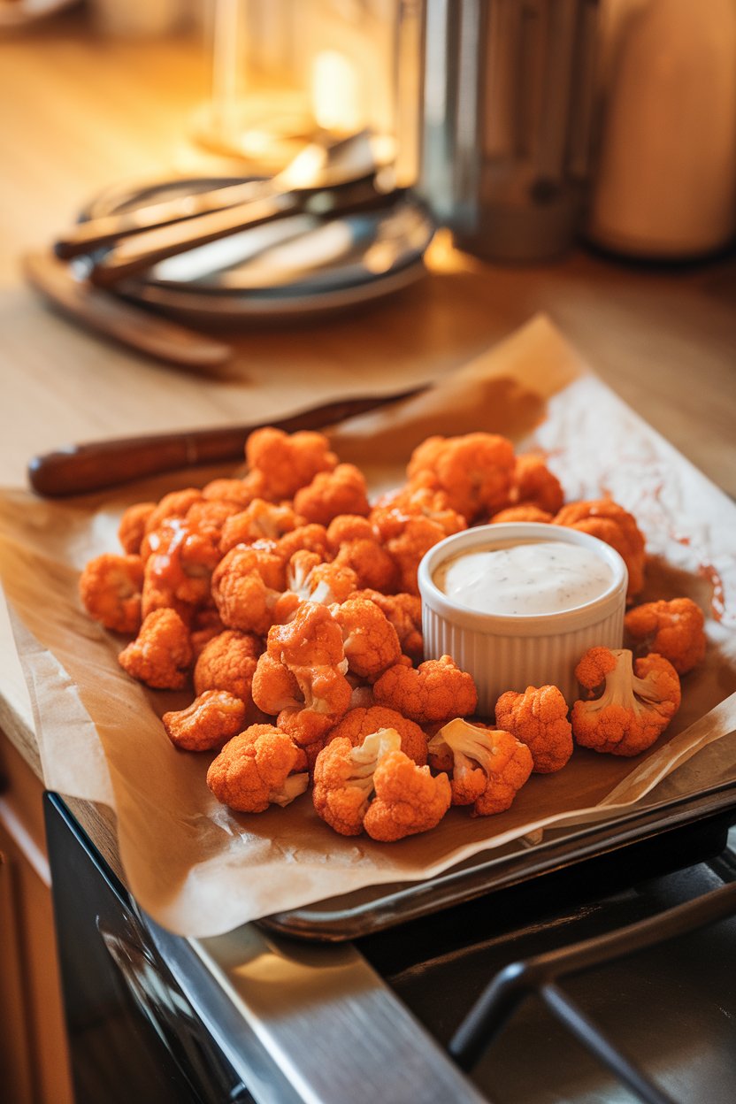 Photo of a parchment-lined indoor kitchen counter displaying crispy, air-fried cauliflower florets coated in bright orange buffalo sauce, served with a ramekin of Greek-yogurt ranch for dipping. Warm lighting, no text or logos.