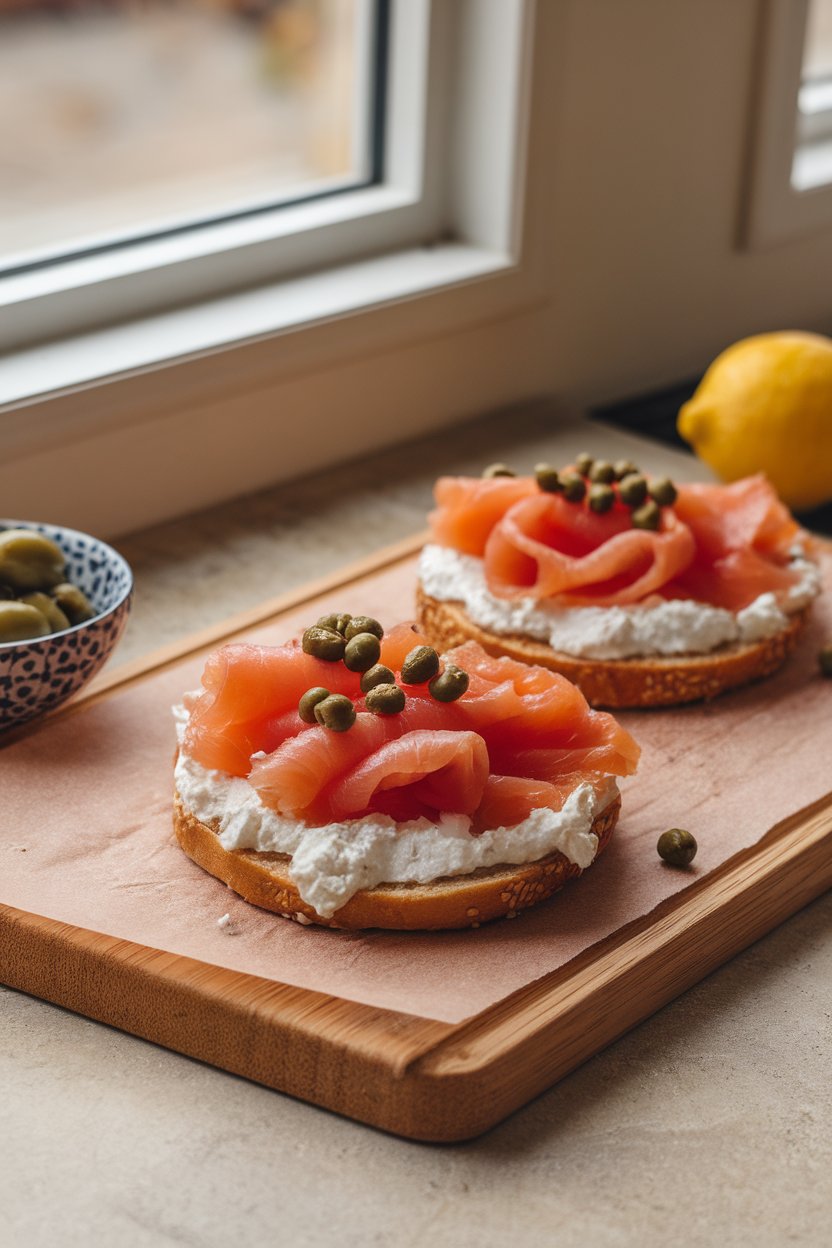 An indoor cutting board with an open bagel thin topped with creamy quark cheese, cooked smoked salmon slices, and capers. No text or logos present. Photo, not illustration.