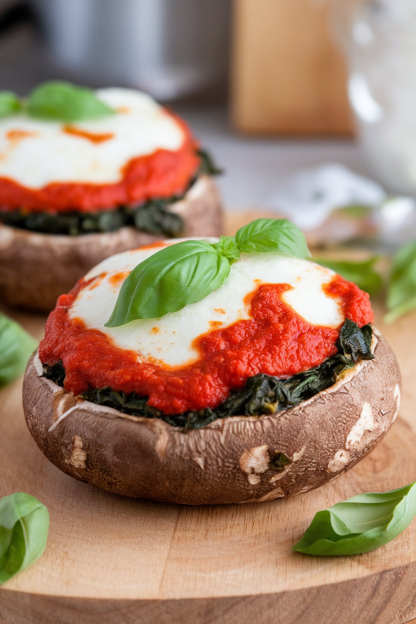 Indoor photo of large portobello mushroom caps baked with marinara sauce, chopped spinach, and melted part-skim mozzarella, basil leaves on top. No text or logos.