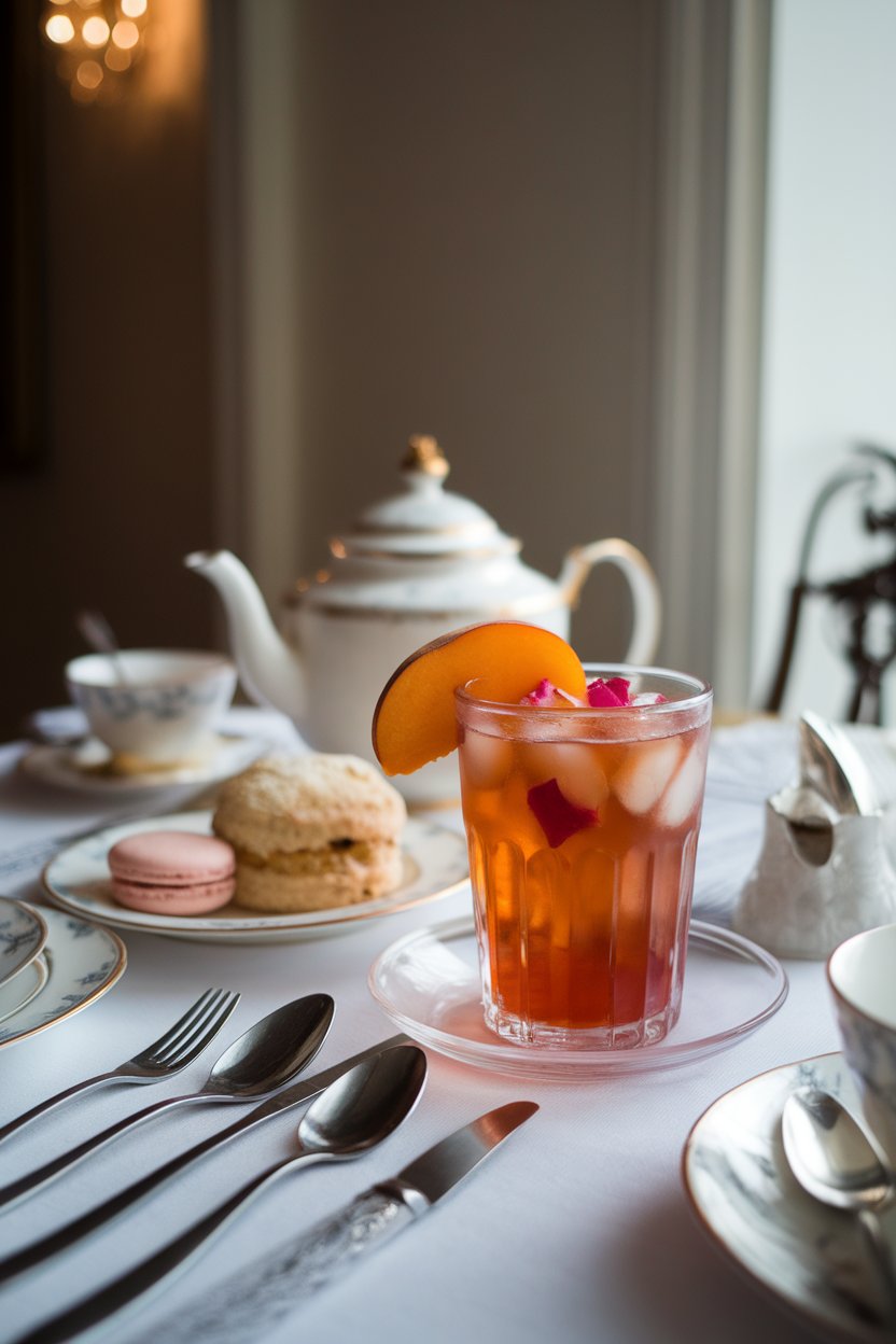 An indoor afternoon-tea setup with glass of amber-pink iced tea, rose petal ice cubes, peach slice; photo, not illustration; no text or logos.