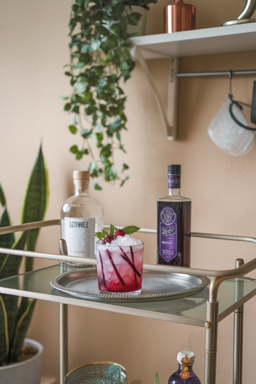 An indoor bar cart with a rocks glass of gin Bramble, crushed ice mound, purple blackberry liqueur streaks, fresh berry on top, no text or logos. Photo only.