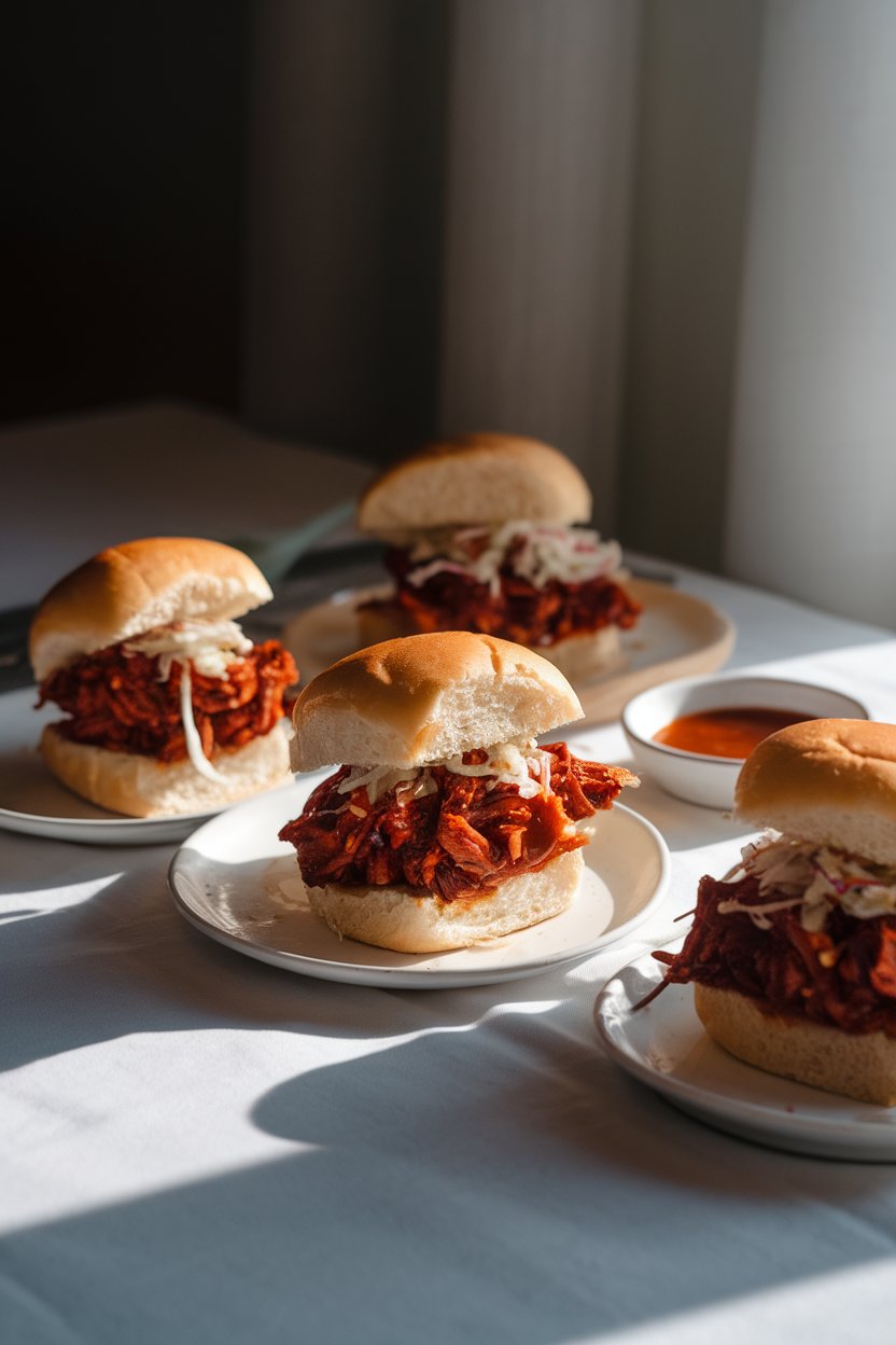 Photo prompt: Indoor dining table showing mini slider buns stuffed with saucy, shredded barbecue jackfruit and a sprinkle of crunchy slaw. Soft directional lighting, no visible text or logos. Photo, not illustration.