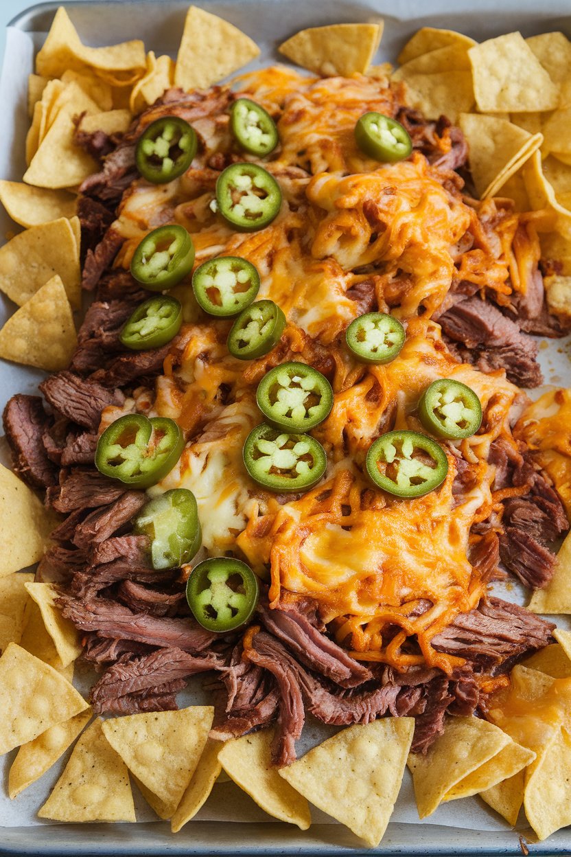 Indoor photo of a sheet pan covered in tortilla chips topped with shredded brisket, melted cheese, and jalapeños, no text or logos.
