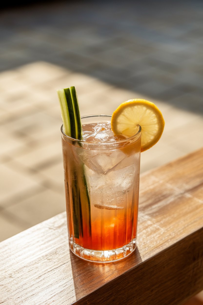 Photo of a tall Collins glass indoors with an amber Pimm’s cocktail, cucumber ribbon and lemon wheel inside, soft courtyard-bar light, no text or logos