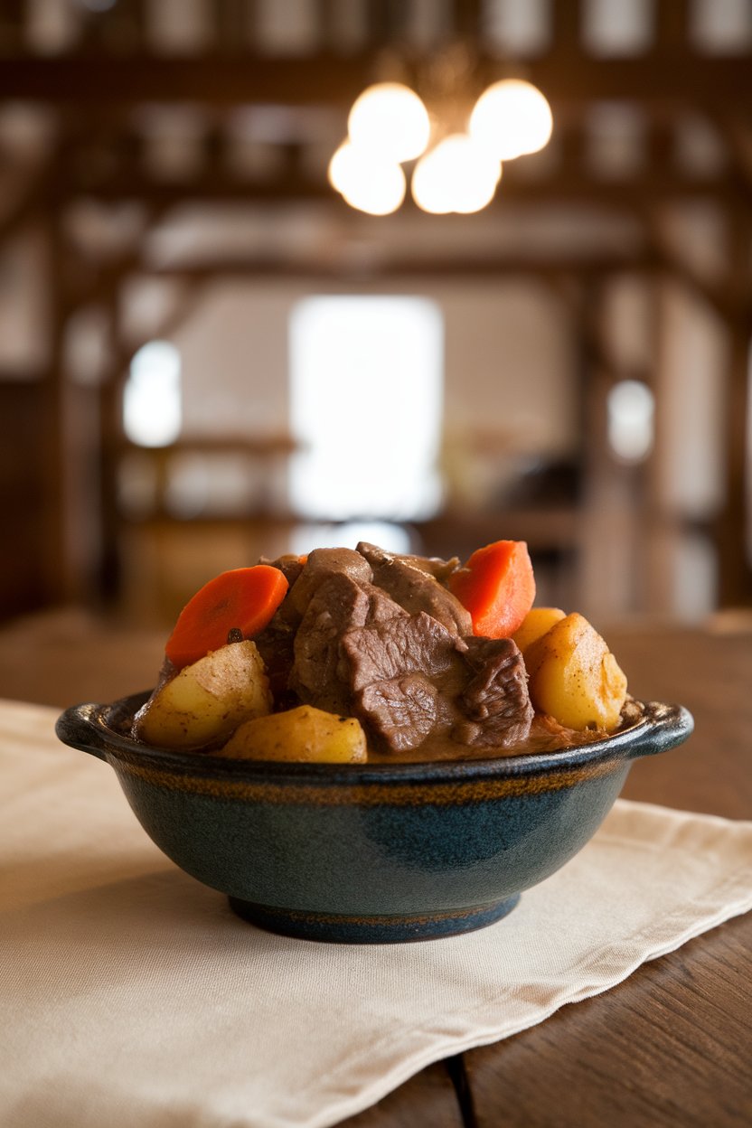 An indoor wooden table showcasing a bowl of beef stew with carrots, potatoes, and thick gravy. No text or logos.