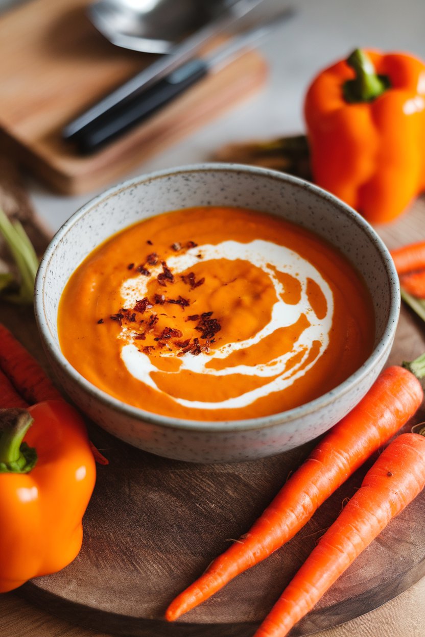 An indoor soup bowl of bright orange roasted pepper and carrot soup, swirl of yogurt on top. No text or logos.