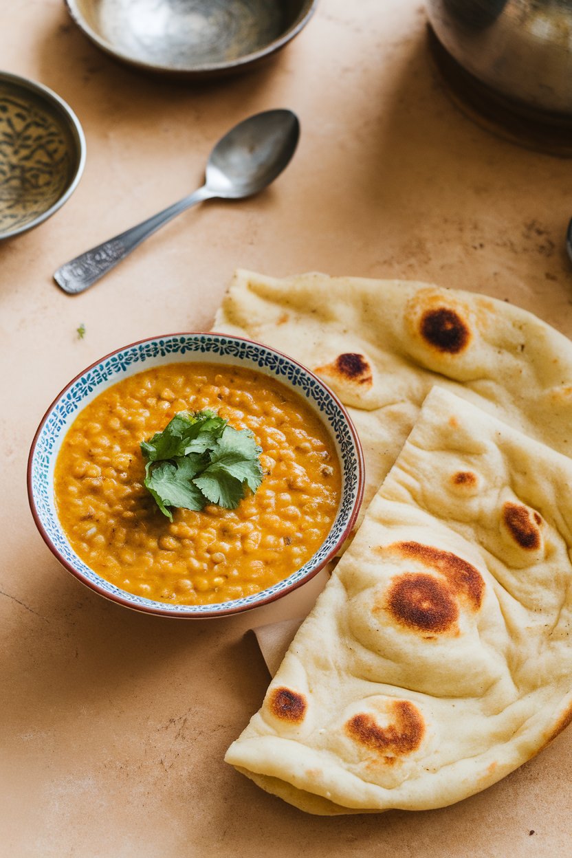 Indoor tabletop with a bowl of golden coconut lentil dal, cilantro garnish, and naan folded alongside. No text or logos. Photo, not illustration.