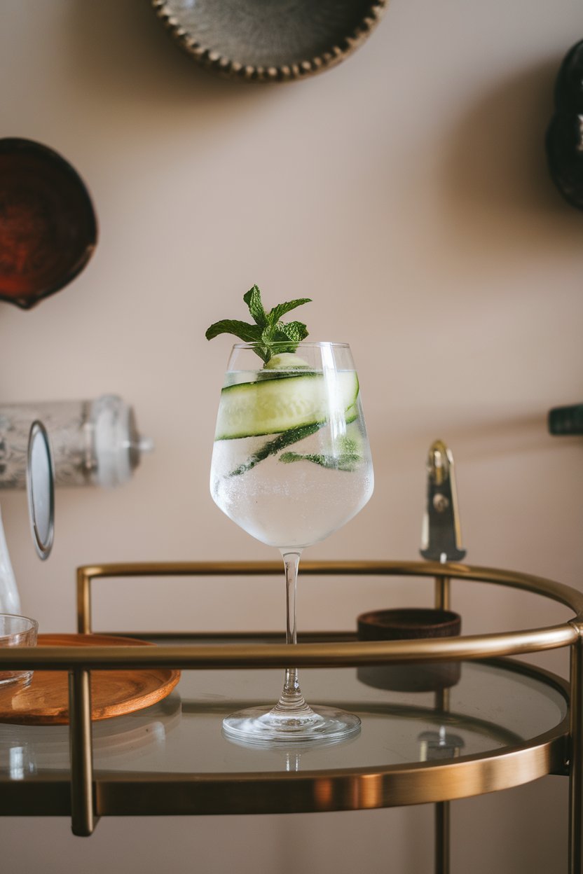Indoor bar cart shot of a stemmed glass holding clear tonic with cucumber ribbon and mint sprig, no visible liquor bottles, no text or logos.