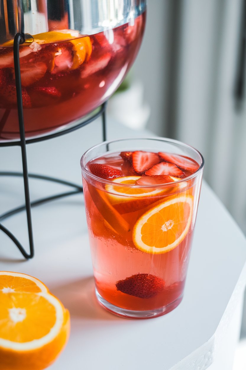 Indoor party table featuring a clear punch cup of rosy drink with floating orange and strawberry slices, punch bowl partially visible, no text or logos, photo