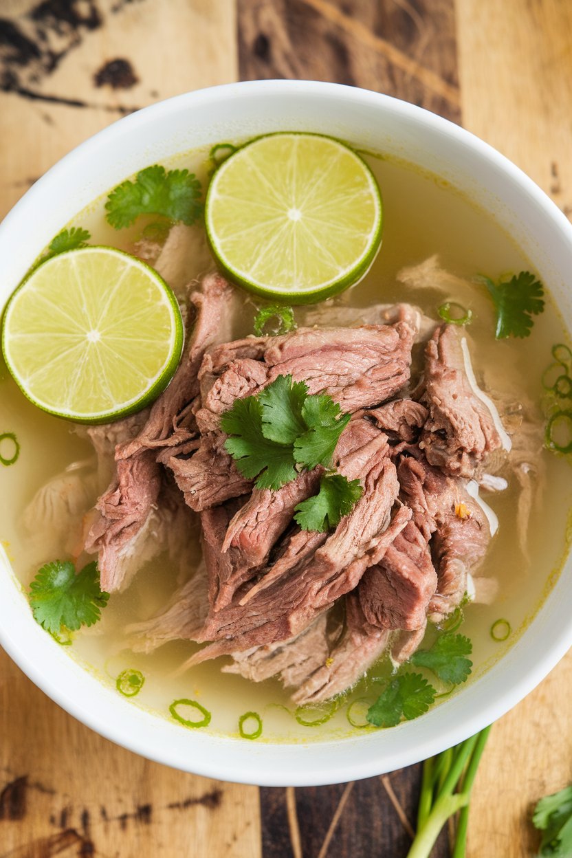 Indoor bowl of shredded beef in light lemongrass broth, lime slices floating. No logos or text.