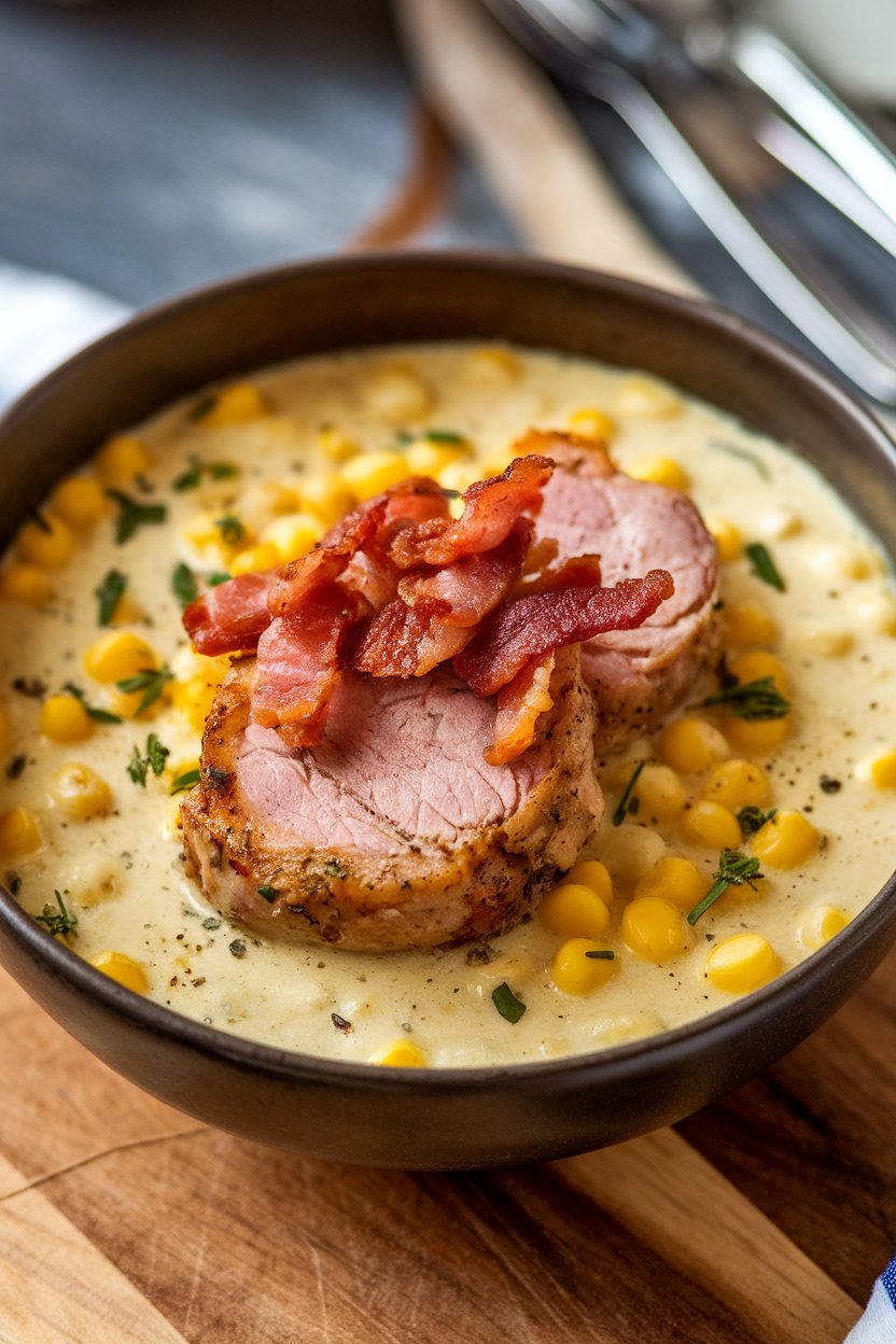 Bowl of creamy corn chowder with pork chop pieces, bacon crumble on top, no text or logos.