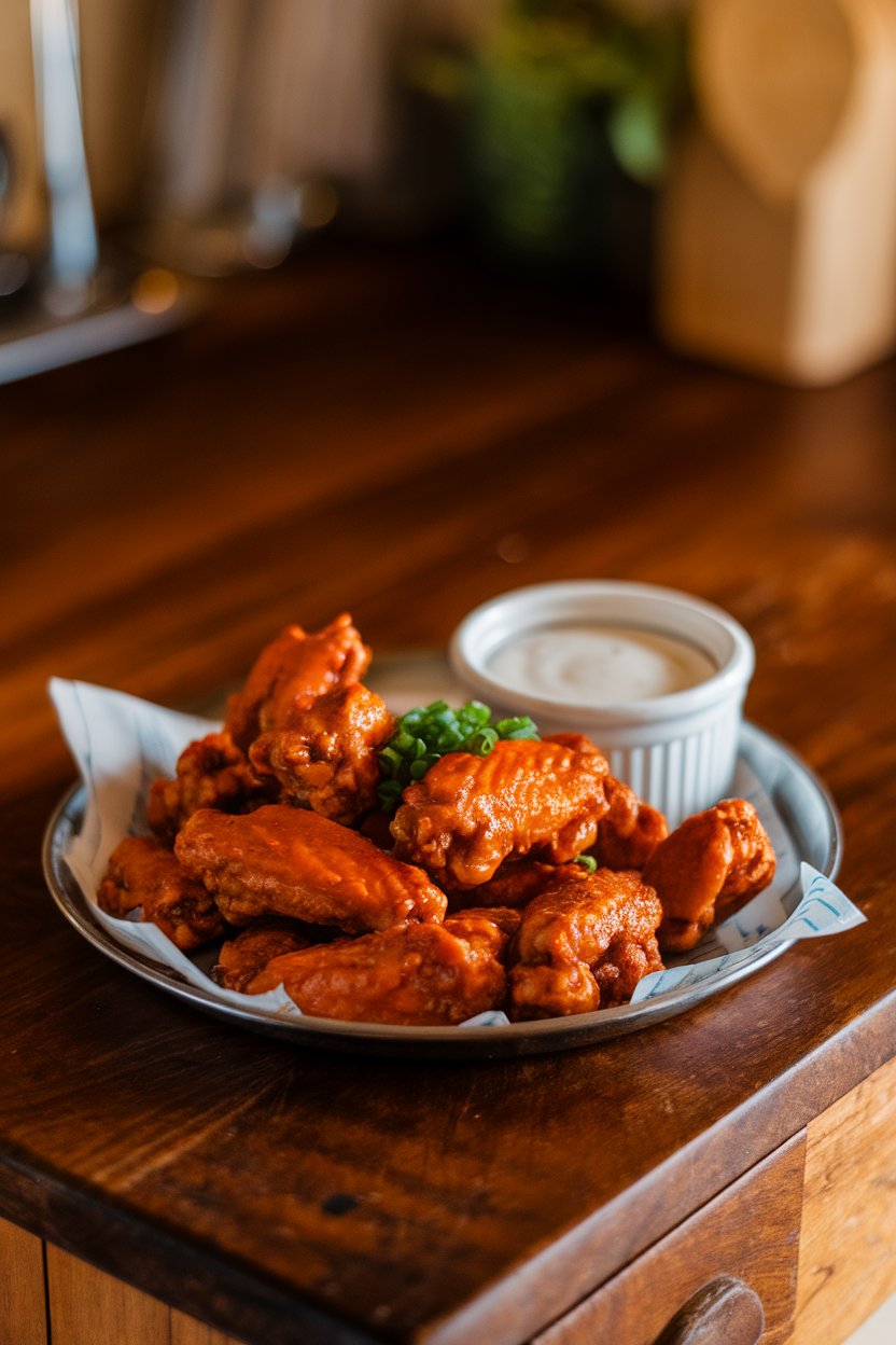 Indoor photo on a wooden counter showing a platter of saucy cooked buffalo wings with a side ramekin of ranch dressing; soft warm lighting, no text or logos.