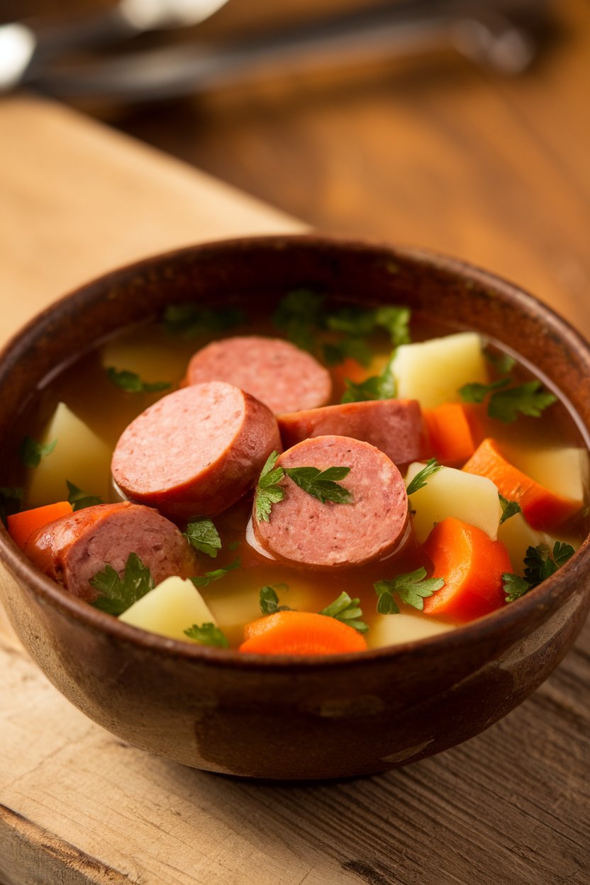 Rustic indoor image of a bowl filled with smoked sausage rounds, diced potatoes, carrots, and parsley in clear broth. No text or logos. Photo.