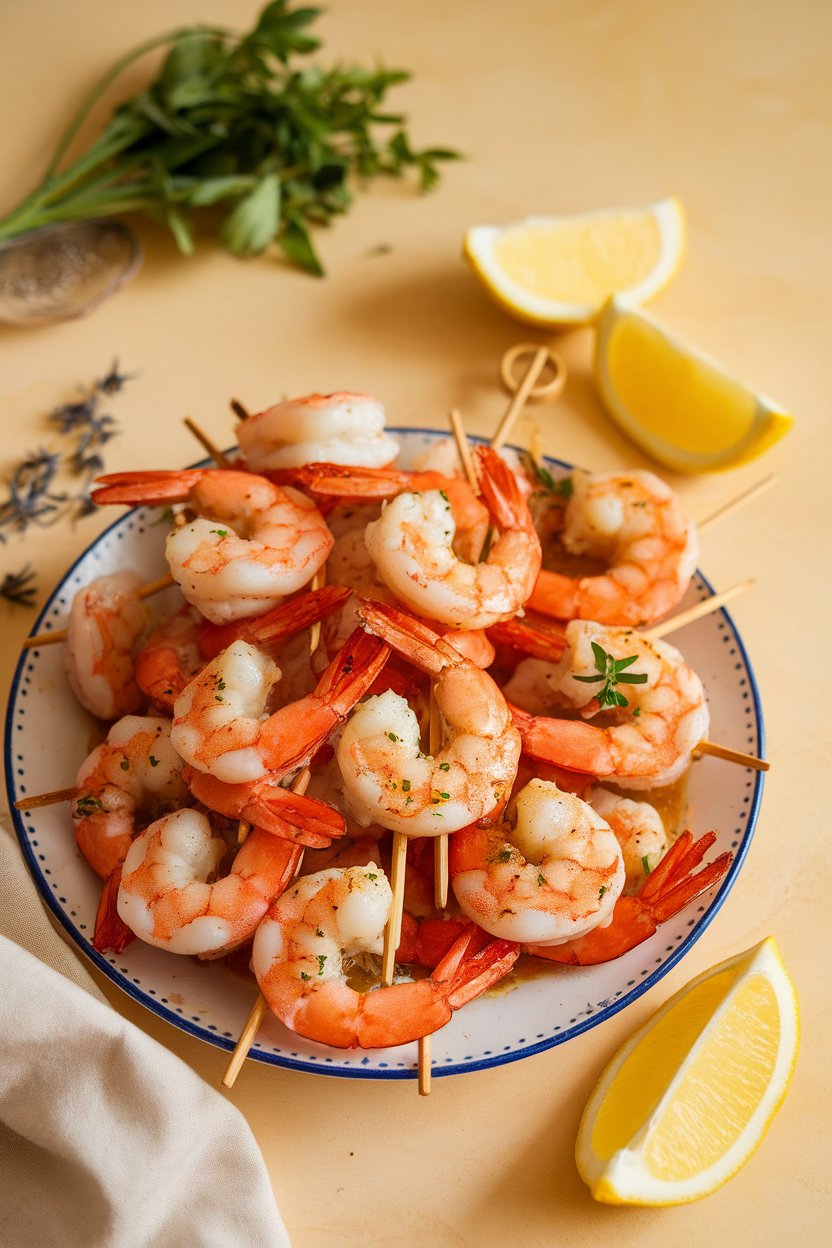 Indoor platter with cooked shrimp skewers glistening in garlic butter, lemon slices on the side, no text or logos. Photo only.